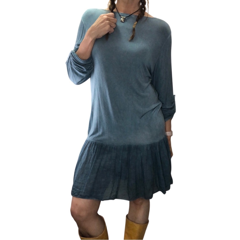 Meo Meli Dress Sz M Blue Ruffled Hem Lagenlook Jersey Knit Casual Going Out